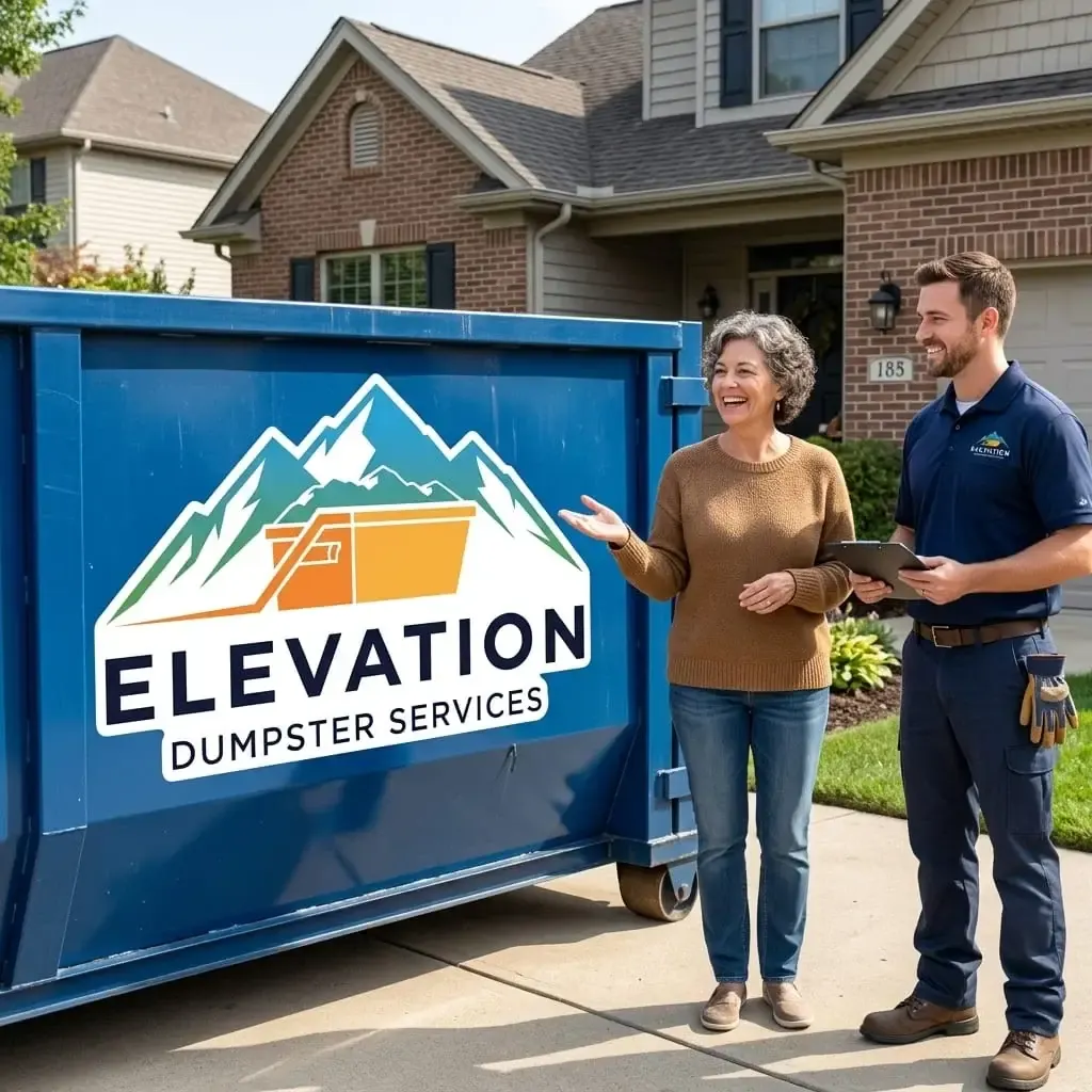 Elevation Dumpster Services driver going over placement with a homeowner beside a blue roll-off in a Parker driveway