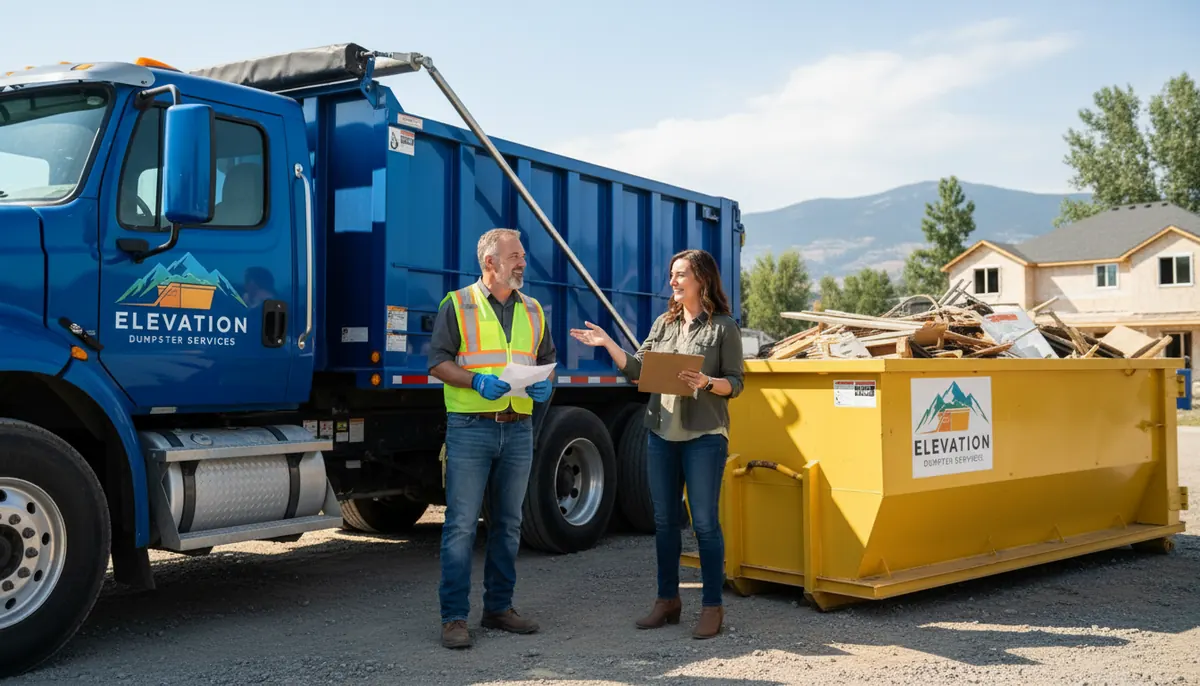 Driver and customer checking paperwork beside a yellow roll-off container and hook-lift truck