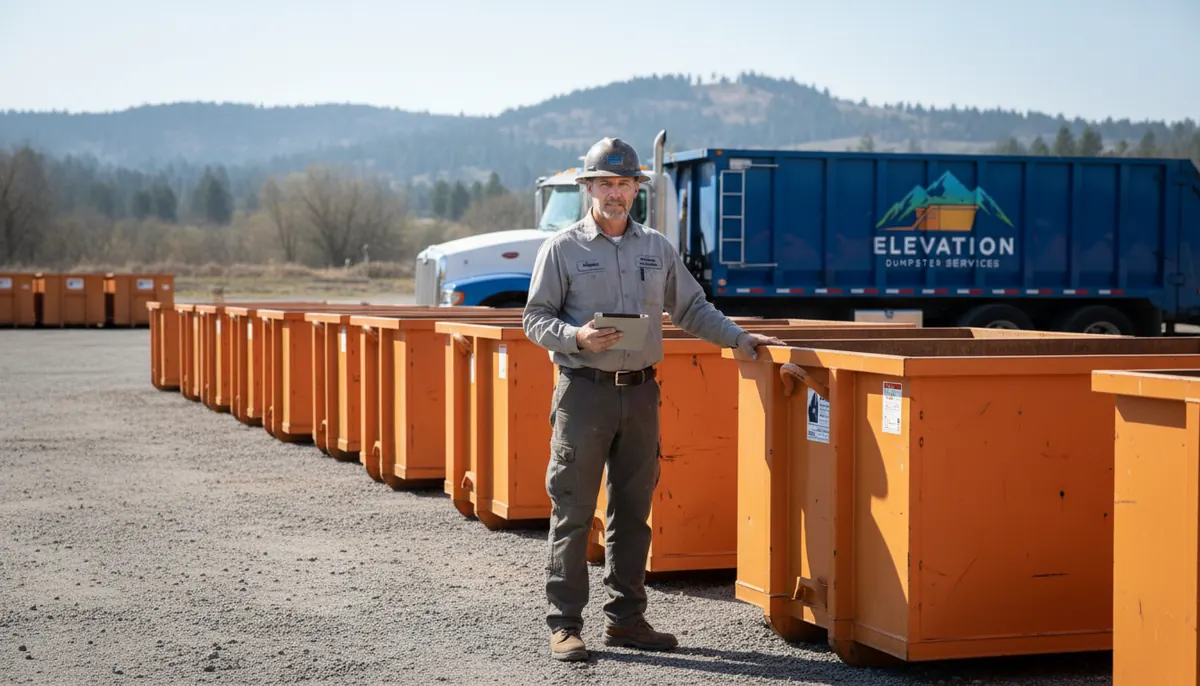 Yard supervisor standing among rows of roll-off containers at the Elevation Dumpster Services yard
