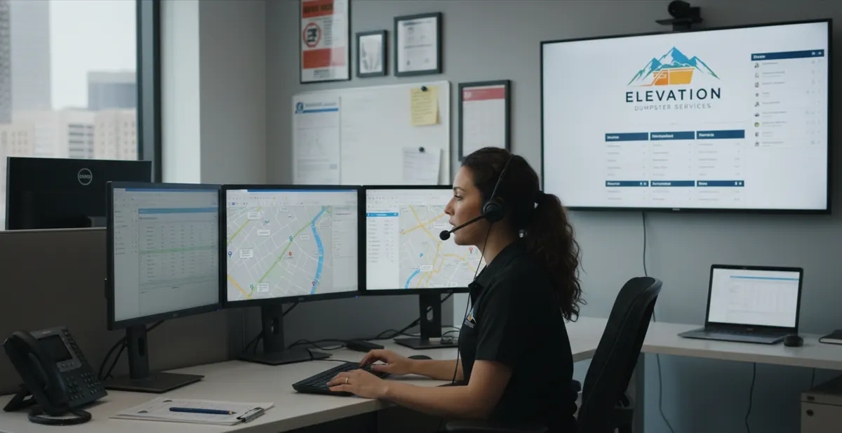 Dispatcher at a multi-screen desk scheduling dumpster drop-offs