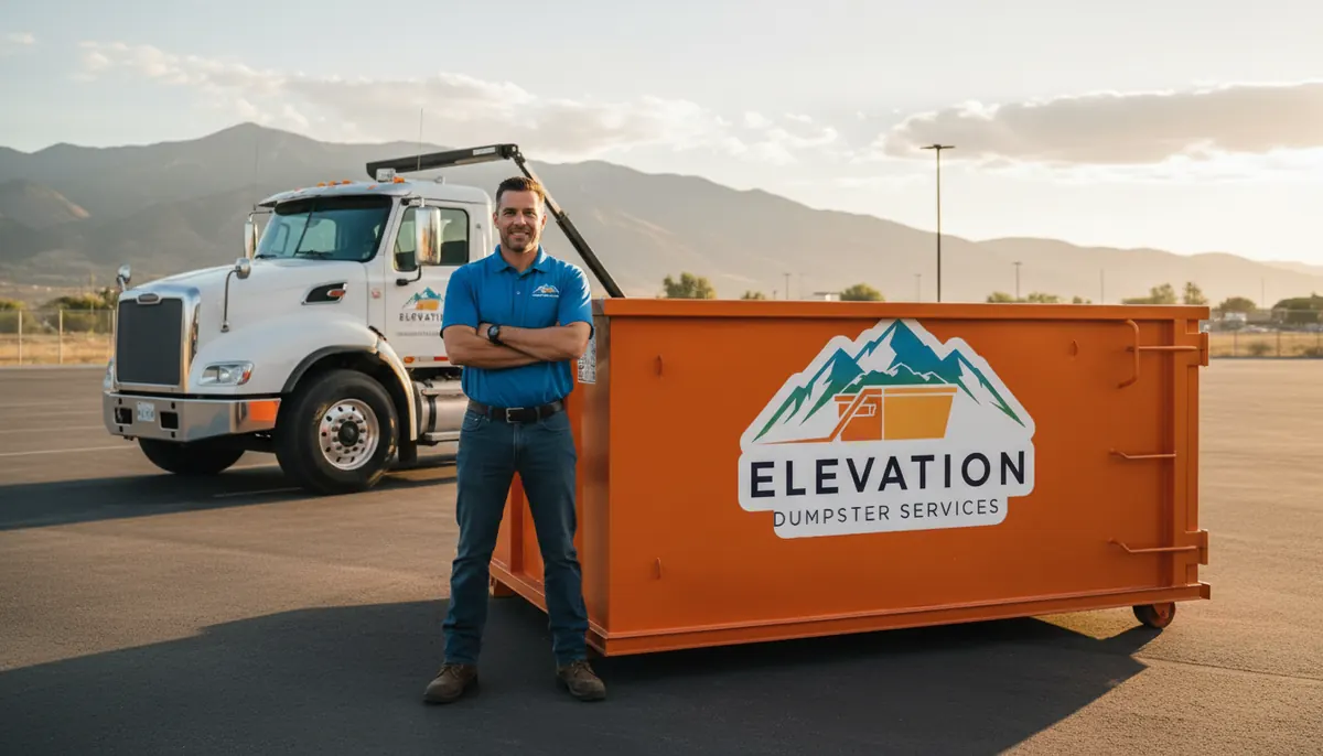 Elevation Dumpster Services driver standing beside a roll-off truck and container
